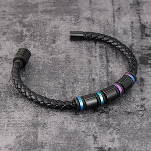 Men's black woven leather bracelet with gradient blue metal beads and magnetic clasp