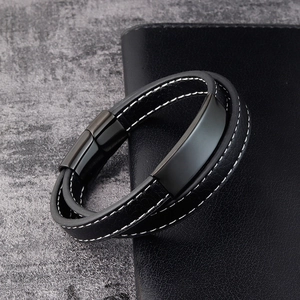 Men's black multilayer leather bracelet with white stitching and metal magnetic clasp