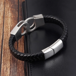 Multilayer braided black leather bracelet for men featuring a stainless steel infinity clasp