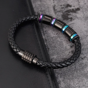 Braided black leather men's bracelet with rainbow electroplated metal beads and magnetic clasp