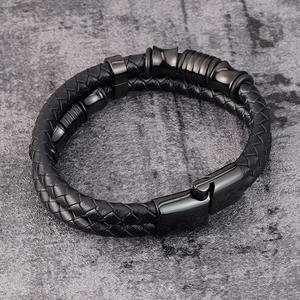 Pulsera de hombre en cuero trenzado negro de doble capa con cierre magnético de metal