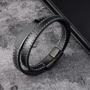 Men's double-layer black braided leather bracelet with white stitching and magnetic buckle