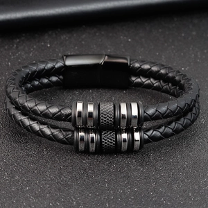Men's double-layered black braided leather bracelet with magnetic mirror metal clasp