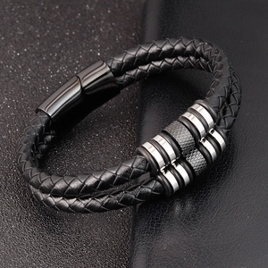 Men's double-layered black braided leather bracelet with magnetic steel clasp and metal rings