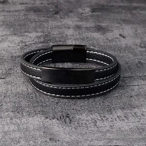 Men's multilayer black leather braided bracelet with matte black stainless steel clasp