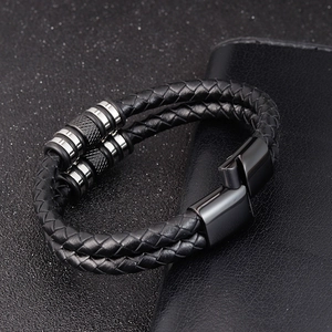 Men's double-layered black woven leather bracelet with stainless steel magnetic clasp