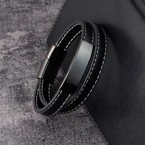 Men's double-layered black braided leather bracelet with gunmetal brushed steel plate