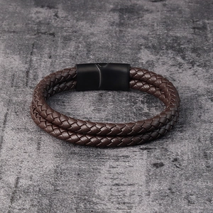 Men's double-layer braided leather bracelet with black matte magnetic metal clasp