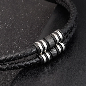 Double-layer black braided leather bracelet for men with silver stainless steel accents