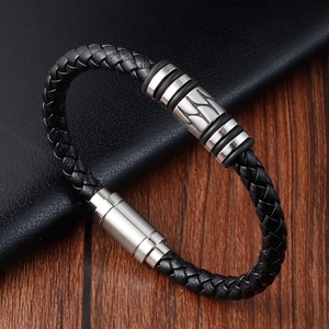 Men's Braided Leather Bracelet With Titanium Steel Magnetic Clasp Geometric Relief Pattern Punk Style Black Silver Wristband Jewelry