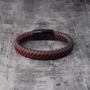 Handcrafted woven men's leather bracelet with red and black bands and magnetic clasp