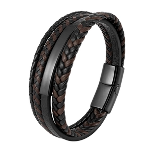 Multi-layer braided leather bracelet for men with black metal plate and magnetic clasp