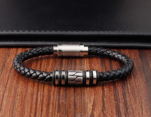 Men's woven black leather bracelet with brushed metal magnetic clasp and geometric beads