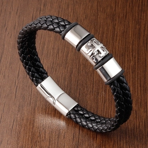 Men's braided black leather cross bracelet with silver stainless steel clasp