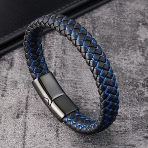 Men's black braided leather bracelet with blue accents and a magnetic metal clasp