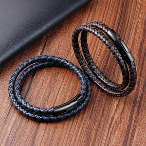 Men's Double Layer Braided Artificial Leather Bracelet Stainless Steel Magnetic Clasp Minimalist Geometric Wrap Bracelet Jewelry For Men