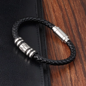 Men's braided black leather bracelet with brushed silver stainless steel magnetic clasp