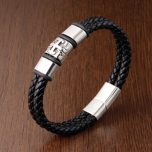 Men's black braided leather cross bracelet with a silver stainless steel magnetic clasp