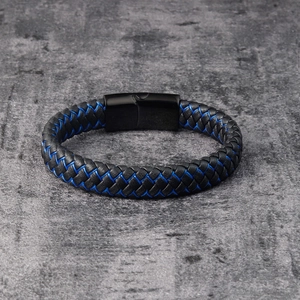 Men's woven leather bracelet with blue accents and black matte magnetic metal clasp