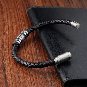 Men's braided black leather bracelet with magnetic steel clasp and geometric rings