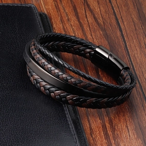 Men's multilayer braided leather bracelet with matte black magnetic metal clasp