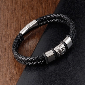 Men's braided leather bracelet with stainless steel cross charm and silver buckle