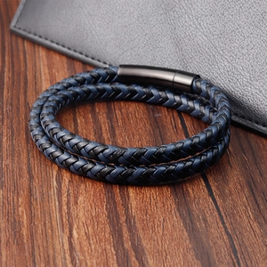 Men's double-layered braided leather bracelet with black matte magnetic steel clasp