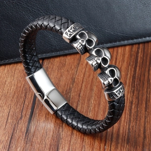 Punk Men Braided Leather Bracelet With Stainless Steel Skull Charms Vintage Gothic Rock Magnetic Clasp Hand Jewelry Gift