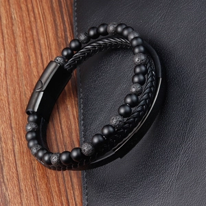 Bracelet multicouche pour homme en cuir tressé noir et perles de pierre de lave naturelle