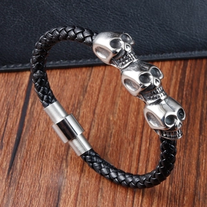 Punk Skull Men Braided Leather Bracelet Stainless Steel Magnetic Clasp Rock Vintage Gothic Streetwear Jewelry Wristband