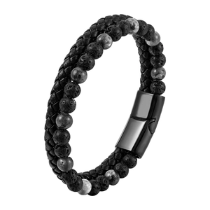 Mehrlagiges Lederarmband für Herren mit Lava-Perlen und poliertem Magnetverschluss in Schwarz