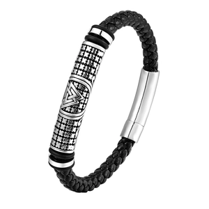 Nordic Wikinger Valknut Geflochtenes Lederarmband Herren Edelstahl Geometrisches Muster Schwarz Silber Armreif Schmuck