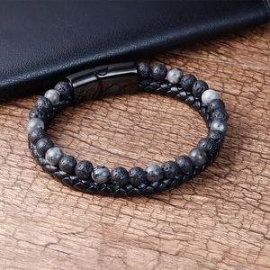 Herren Armband aus Lavastein Perlen und geflochtenem schwarzem Leder mit Magnetverschluss
