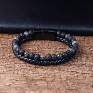 Herrenarmband aus doppelter Schicht mit Lavastein-Perlen und schwarzem Lederband