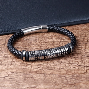 6mm Herren Armband aus schwarzem geflochtenem Leder mit Valknut-Symbol und Magnetverschluss