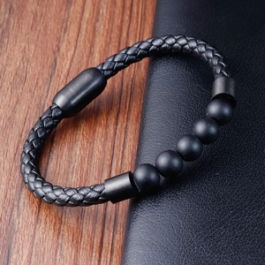 Men's Multi-layer Braided Leather Bracelet With Natural Lava Stone Tiger Eye Beads Stainless Steel Magnetic Clasp Punk Jewelry
