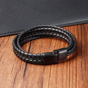 Bracelet multicouche en cuir tressé noir pour homme avec fermoir magnétique mat robuste