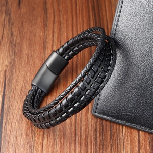 Bracelet Homme Cuir Tressé Multicouche Noir Avec Fermoir Magnétique en Acier Inoxydable Style Punk Vintage Bijoux Décontractés
