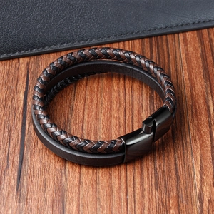 Men's double-wrap black and brown braided leather bracelet with black magnetic clasp