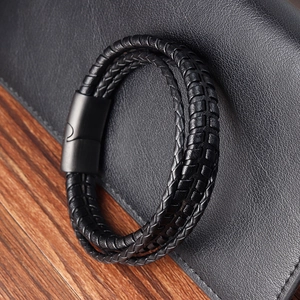 Bracelet multicouche en cuir tressé noir pour homme avec fermoir magnétique mat noir