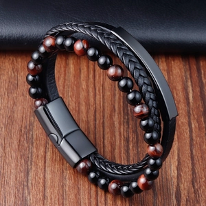 Bracelet en Cuir Tressé Multicouche pour Hommes Avec Perles de Pierre de Lave Naturelle Oeil de Tigre Acier au Titane Fermoir Magnétique