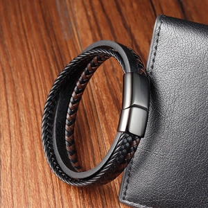 Men's multi-layer black and brown braided leather bracelet with black magnetic clasp