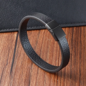 Bracelet pour homme en cuir tressé double couche avec fermoir magnétique noir mat