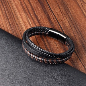 Men's multi-layer braided black leather bracelet with magnetic stainless steel clasp