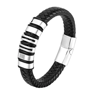 Men's black braided leather bracelet with stainless steel rings and magnetic clasp