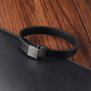 Bracelet pour homme en cuir noir tressé double couche avec fermoir en acier inoxydable noir mat