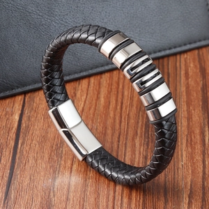 Men Braided Genuine Leather Bracelet 316L Stainless Steel Magnetic Clasp Vintage Punk Casual Wristband Jewelry