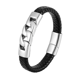 Men's Braided Leather Bracelet Stainless Steel Cuban Link Magnetic Clasp Black Silver Hip Hop Casual Masculine Jewelry