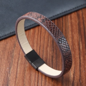 Bracelet tressé en cuir avec motif de serpent et fermoir magnétique noir pour hommes