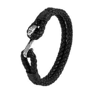 Bracelet en Cuir Tressé pour Hommes Avec Fermoir Magnétique en Acier Inoxydable 316L Tête de Serpent Bijoux Punk Rétro Noir Argent